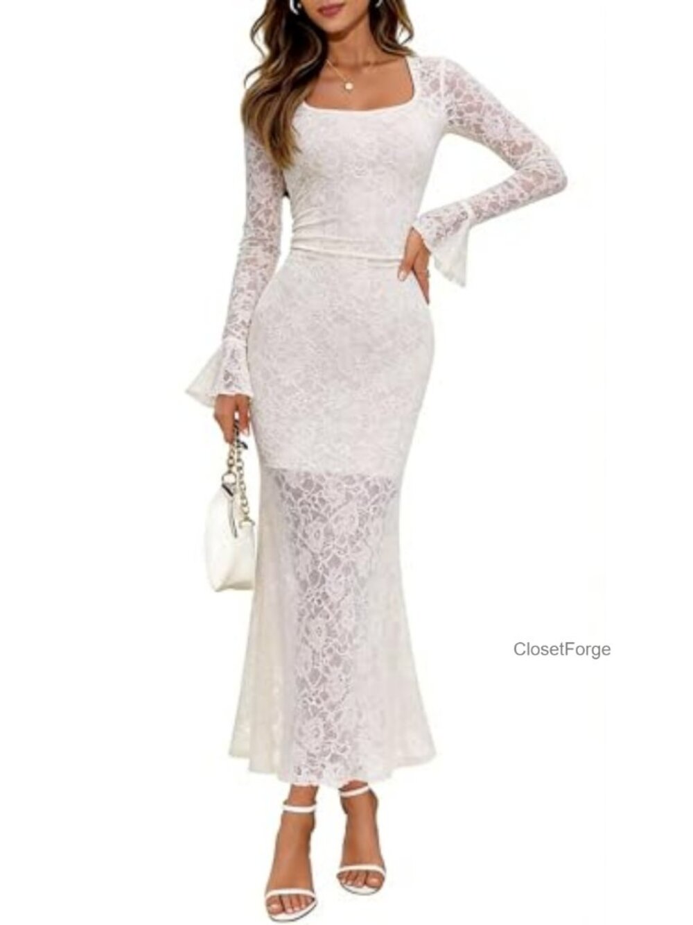 Elegant Long Sleeve Lace Mesh Maxi Dress Bodycon Square Neck Wedding Guest
